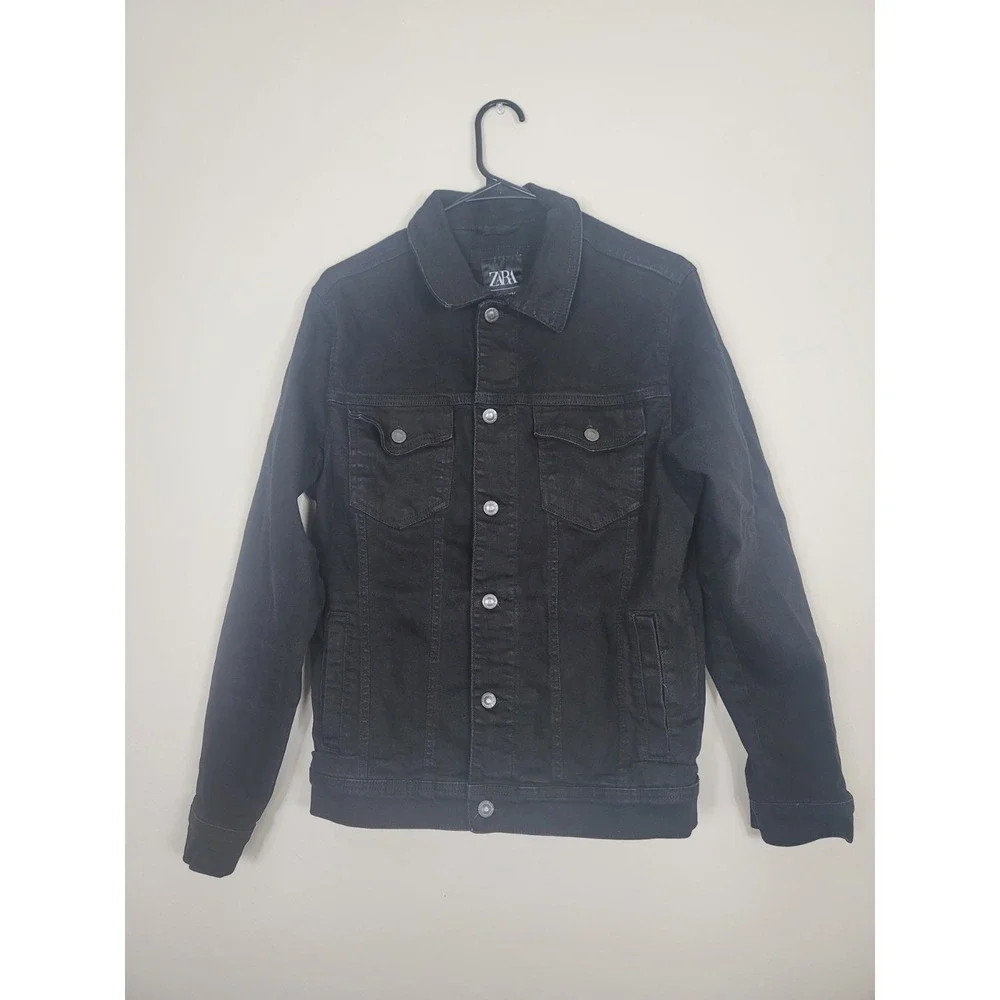 Zara Jacket Womens Sz L Black Denim Button Front Classic Jean Trucker Coat Black